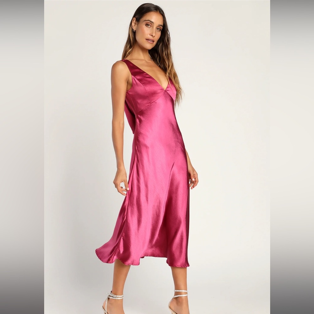 Lulus Incredible Love Magenta Satin Cowl Back Midi Slip Dress